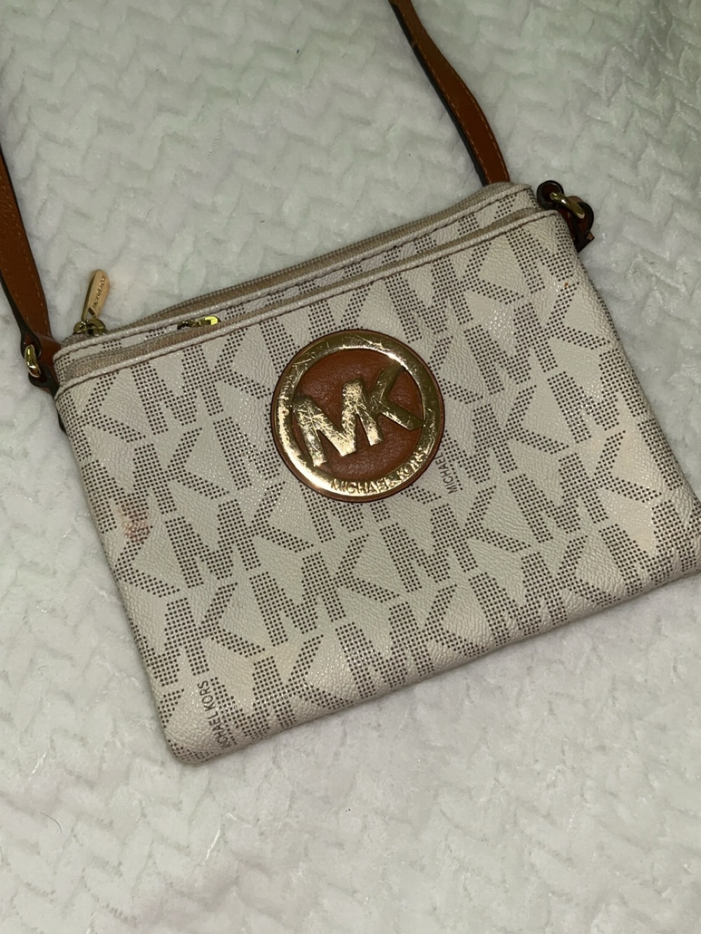 Michael Kors Beige Logo Crossbody with Tan Leather Strap - Picture 2 of 7